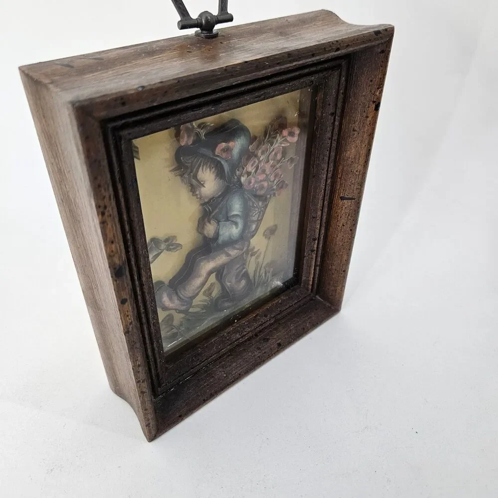 Vintage Hummel Style Shadow Box Frame 3D Art Boy with Flowers Wall Decor Mid